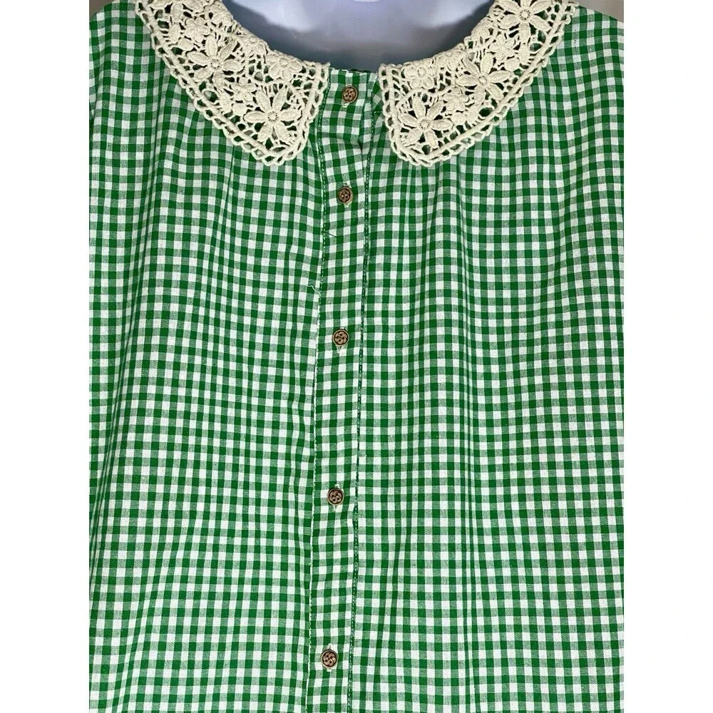 Vintage-Style Green Gingham Crochet Lace Collar House Dress - Size L/XL - Picture 5 of 16